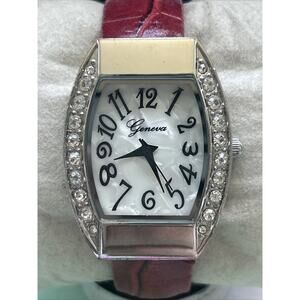 Geneva Rhinestone Bezel Silver Tone Red Band Women’s Cuff Watch